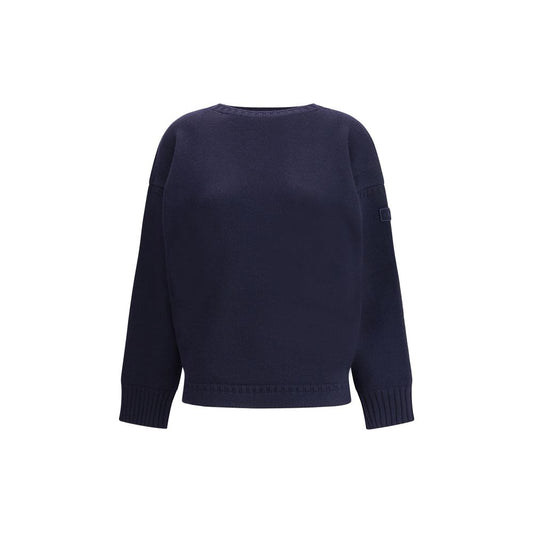 Chloé Blue Wool Sweatshirt with ribbed crew neck and cuffs, featuring a fine wool and cashmere knit in an oversized design with a sleeve logo.