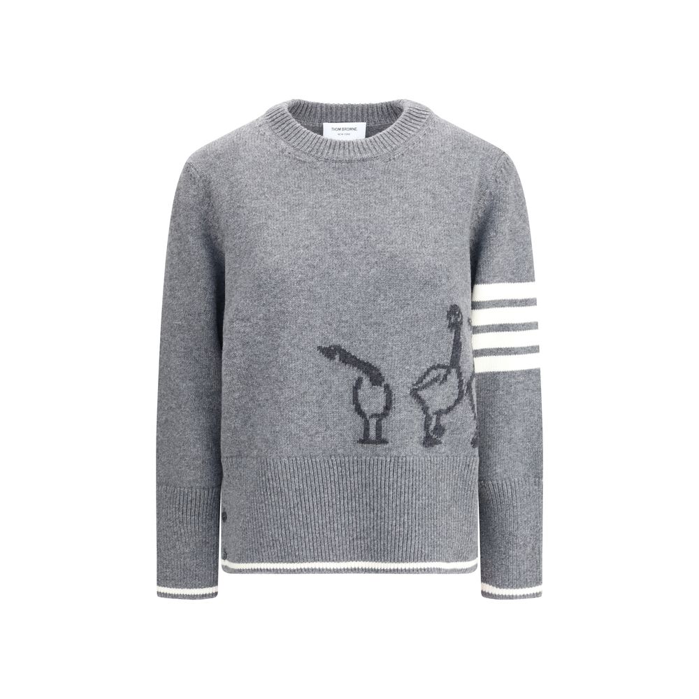 Thom Browne Gray Fleece Wool Sweatshirt with geese design, ribbed crew neck, asymmetric hem, and signature arm bands.