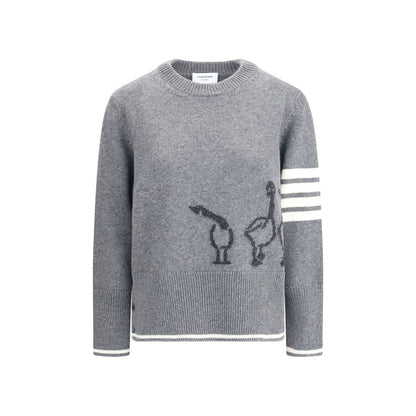 Thom Browne Gray Fleece Wool Sweatshirt with geese design, ribbed crew neck, asymmetric hem, and signature arm bands.