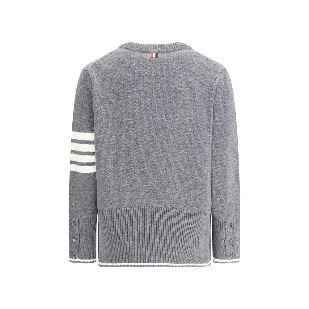 Back view of Thom Browne Gray Fleece Wool Sweatshirt with signature bands on left arm and ribbed details.