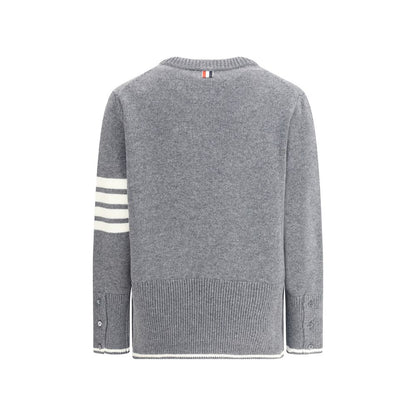 Back view of Thom Browne Gray Fleece Wool Sweatshirt with signature bands on left arm and ribbed details.