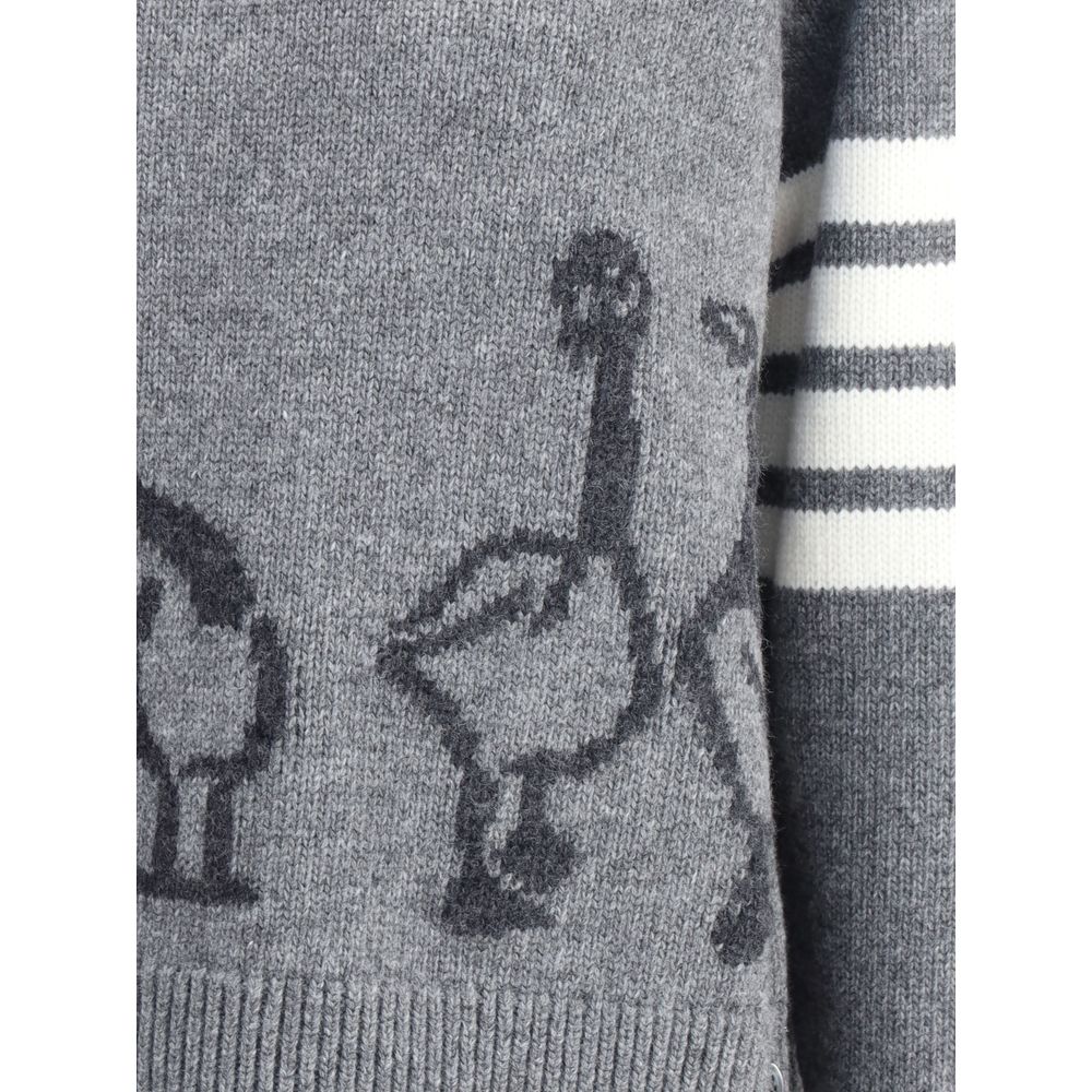Thom Browne Gray Fleece Wool Sweatshirt with geese design, ribbed crew neck, iconic arm bands, and side buttons.