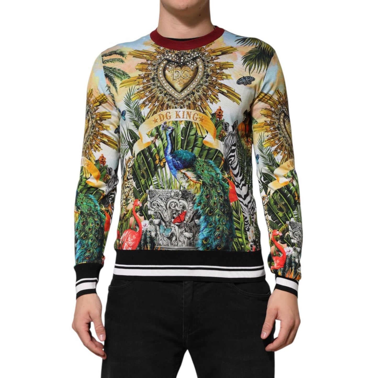Dolce & Gabbana Tropical Heart Crown Silk Pullover Sweater