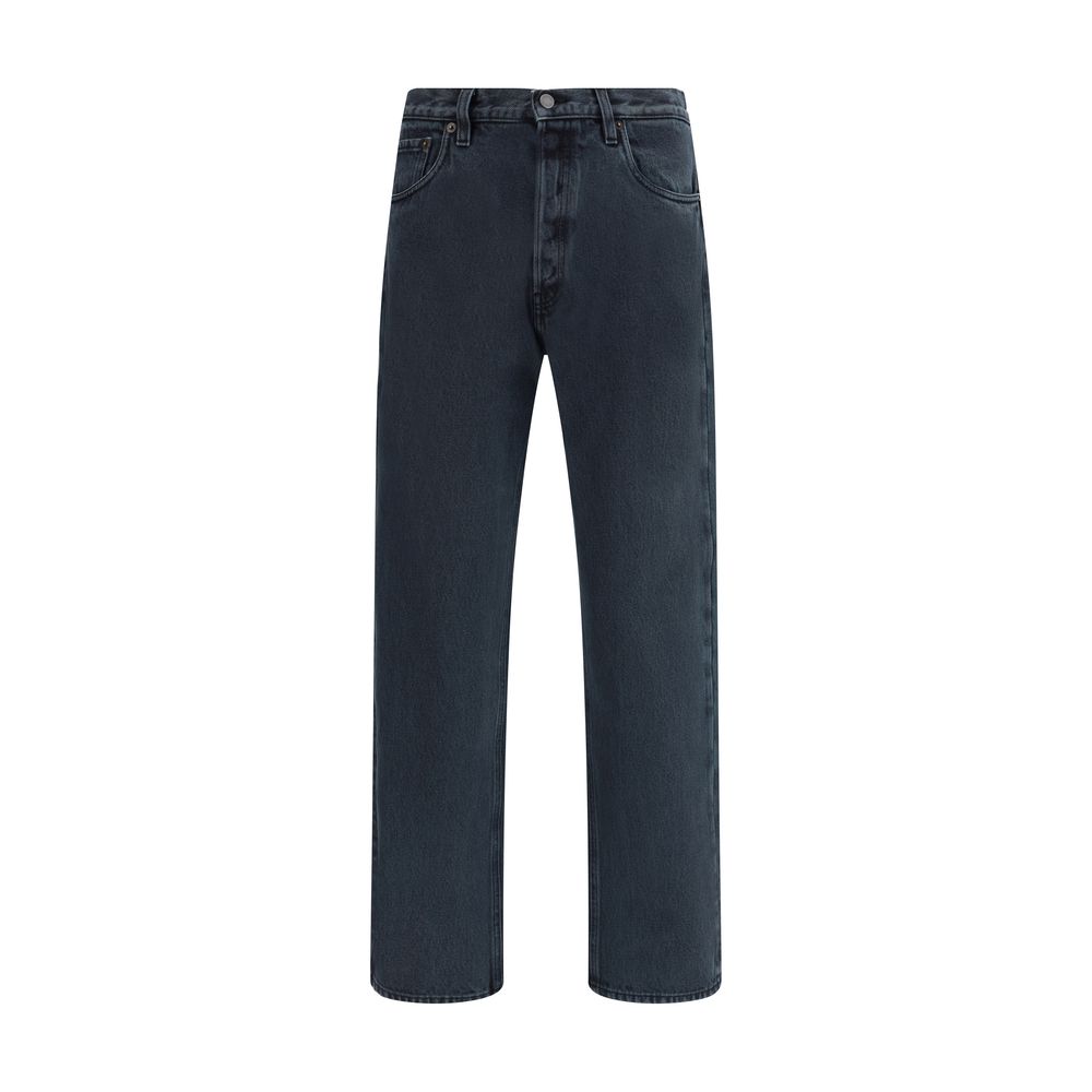 Prada Black Cotton Straight-Leg Jeans with 5-pocket design and button closure, featuring a logo patch. Made in Italy, 100% cotton.