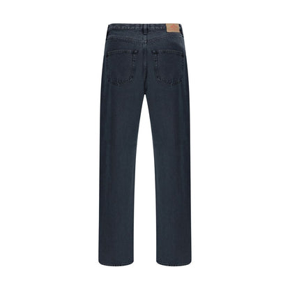 Back view of Prada Black Cotton Straight-Leg Jeans with applied logo patch, classic 5-pocket style, front button closure. Made in Italy.