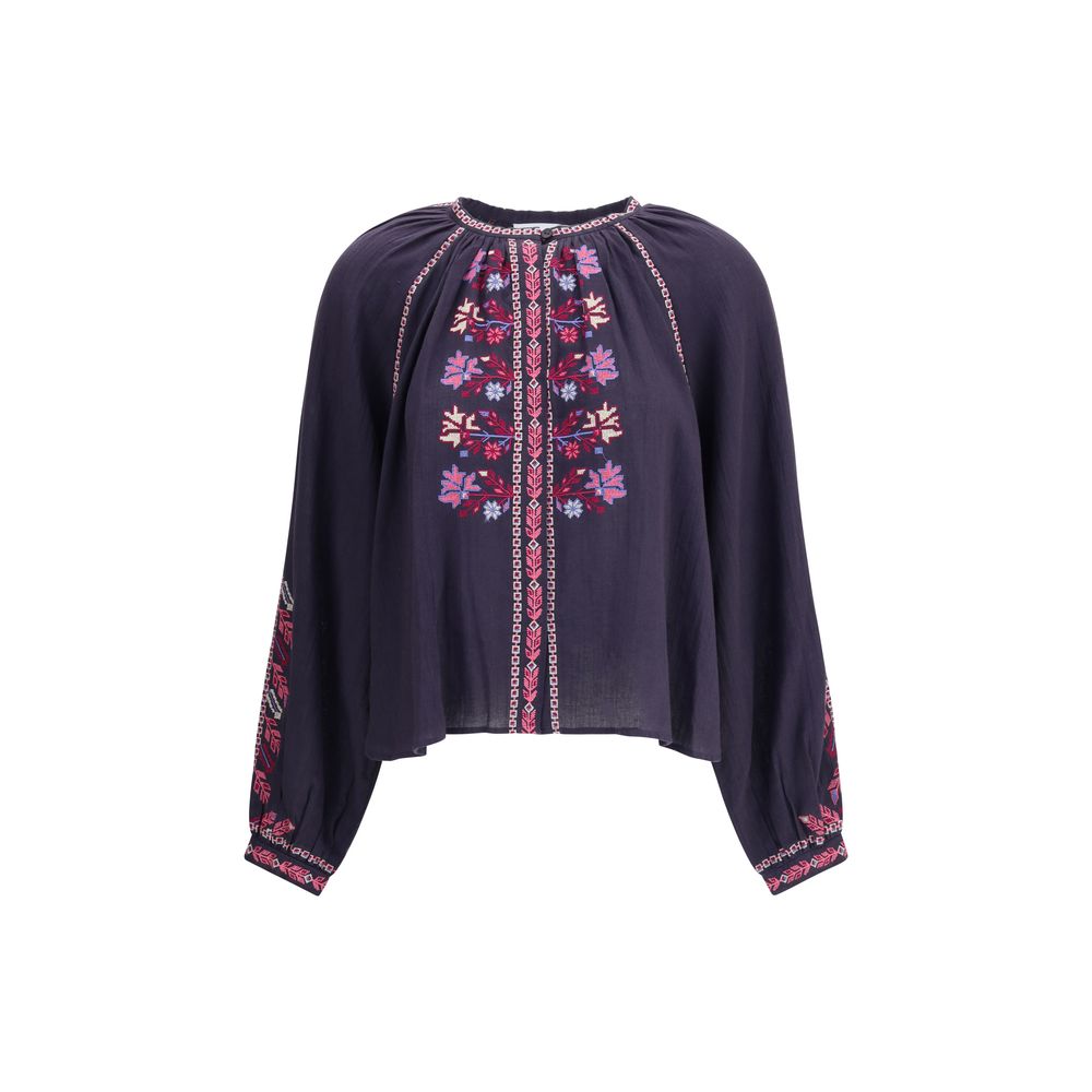 Marant Etoile Blue Cotton Blouse with embroidery and raglan sleeves, featuring a boho-chic design and concealed buttons.