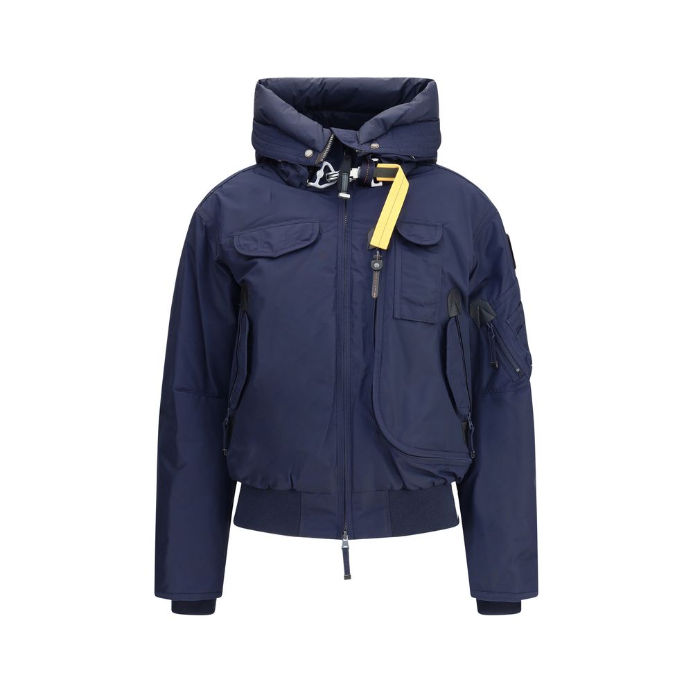 Parajumpers Blue Nylon Bomber jacket featuring recycled nylon, adjustable drawstring hood, double-zip closure, and multiple pockets.