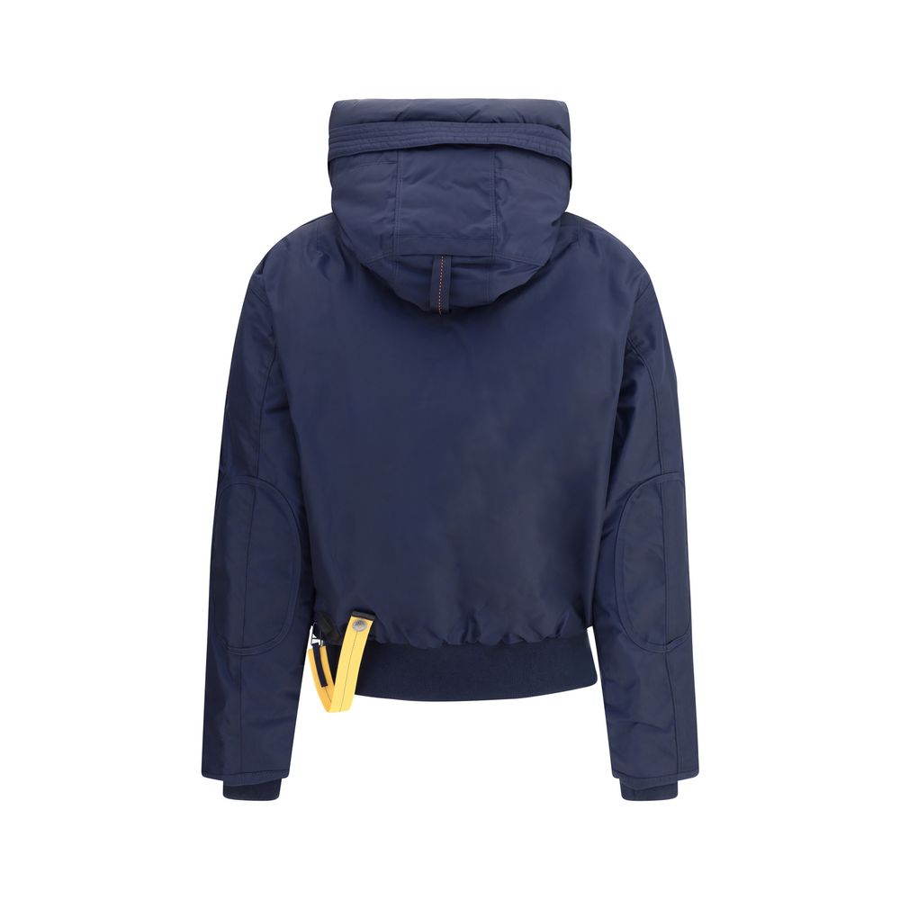 Back view of Parajumpers Blue Nylon Bomber jacket with hood and yellow strap.