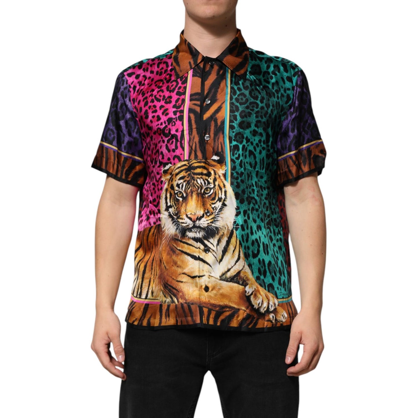 Dolce & Gabbana Multicolor Silk Tiger Print Hawaiian T-shirt