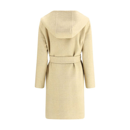 Burberry Beige Wool Coat with hood and detachable belt, showcasing rear view of the reversible robe coat with iconic check pattern.