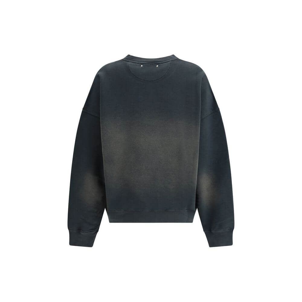 Golden Goose Black Cotton Sweatshirt with vintage washed-out effect, oversize fit, embroidered monogram, ribbed crew neck, and cuffs. AW25.
