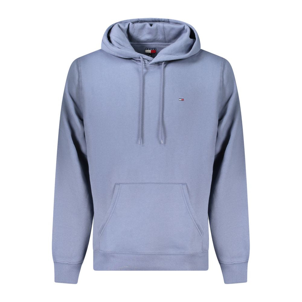 Tommy Hilfiger Blue Cotton Men Sweater with hood and central pocket, showcasing embroidered logo and sustainable cotton blend.