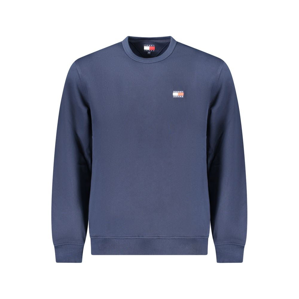 Tommy Hilfiger Blue Cotton Men Sweater with logo applique, crew neck style, made from 95% regenerative cotton.