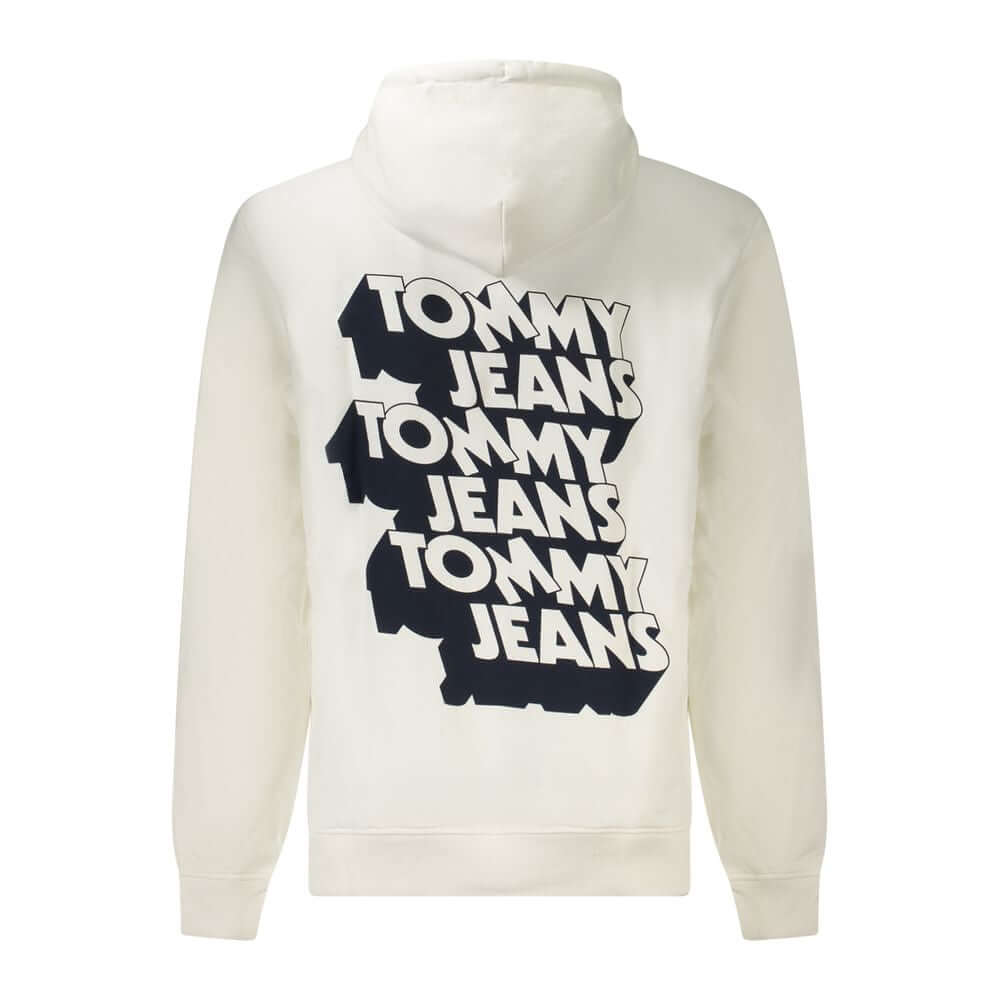 Tommy Hilfiger White Cotton Men Sweater with bold logo print on the back, showcasing urban fashion and sustainability.