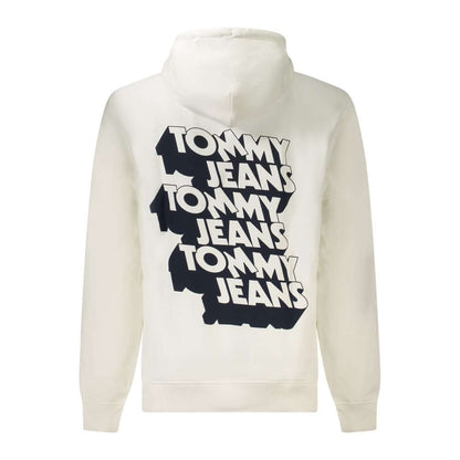 Tommy Hilfiger White Cotton Men Sweater with bold logo print on the back, showcasing urban fashion and sustainability.