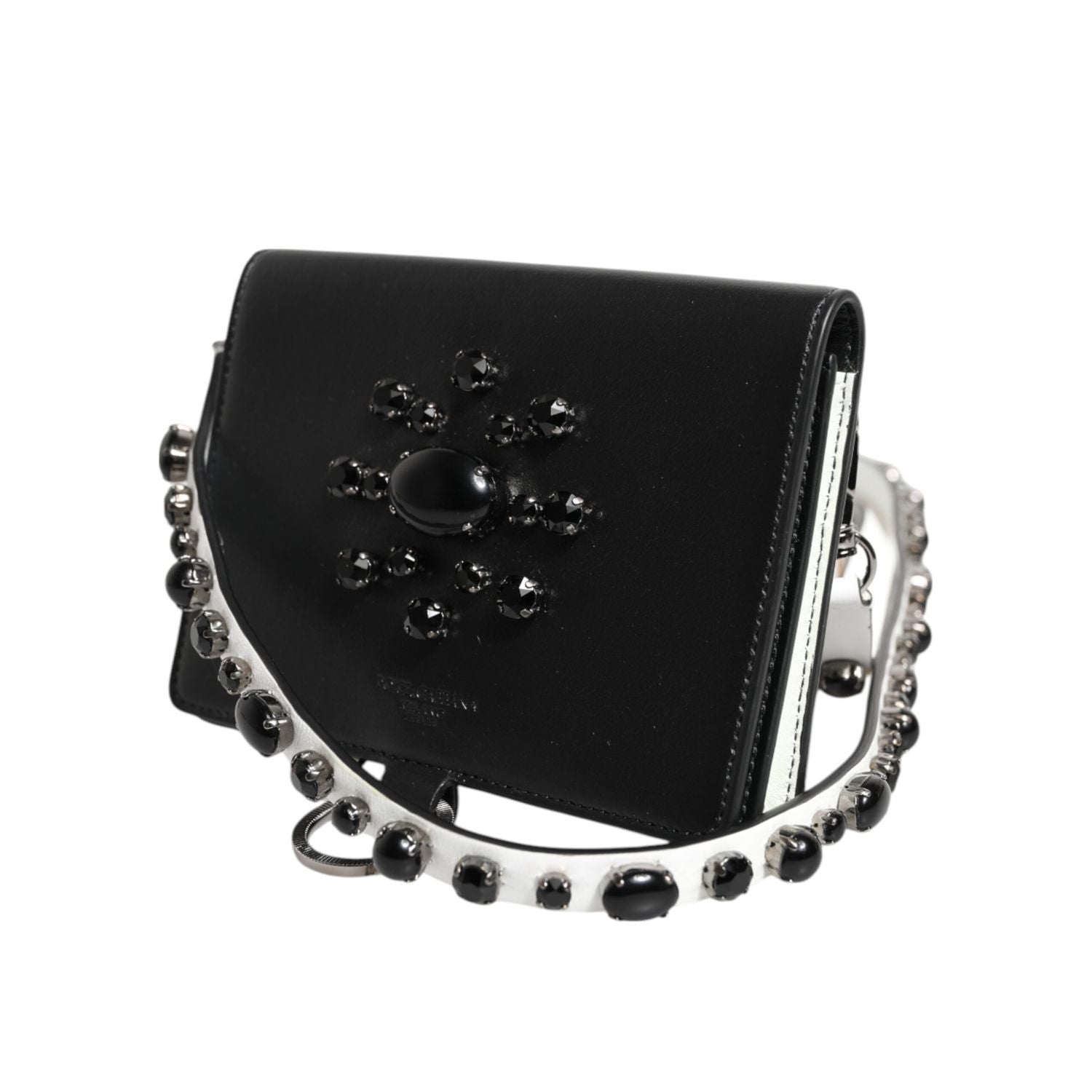 Dolce & Gabbana Black Leather Crystal Embellished Card Holder Wallet