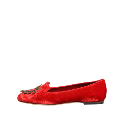 Dolce & Gabbana Red Velvet DG Heart Loafers Flats Shoes