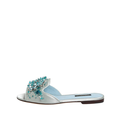 Dolce & Gabbana Silver Blue Leather Bead Embellish Slide Shoes