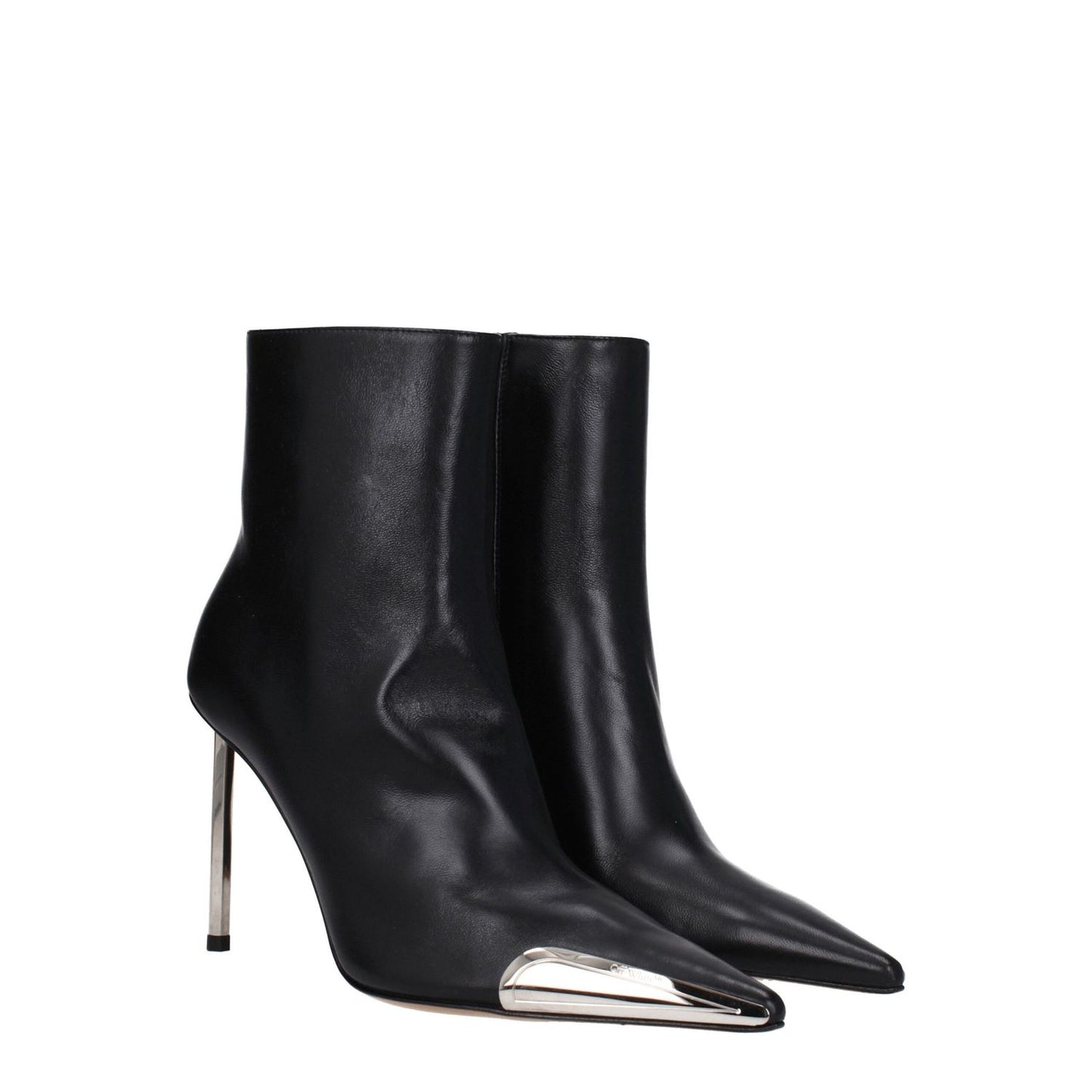 Off-White Black Leather Ankle Boots with silver accents, high heel, zip closure, and pointy toe.