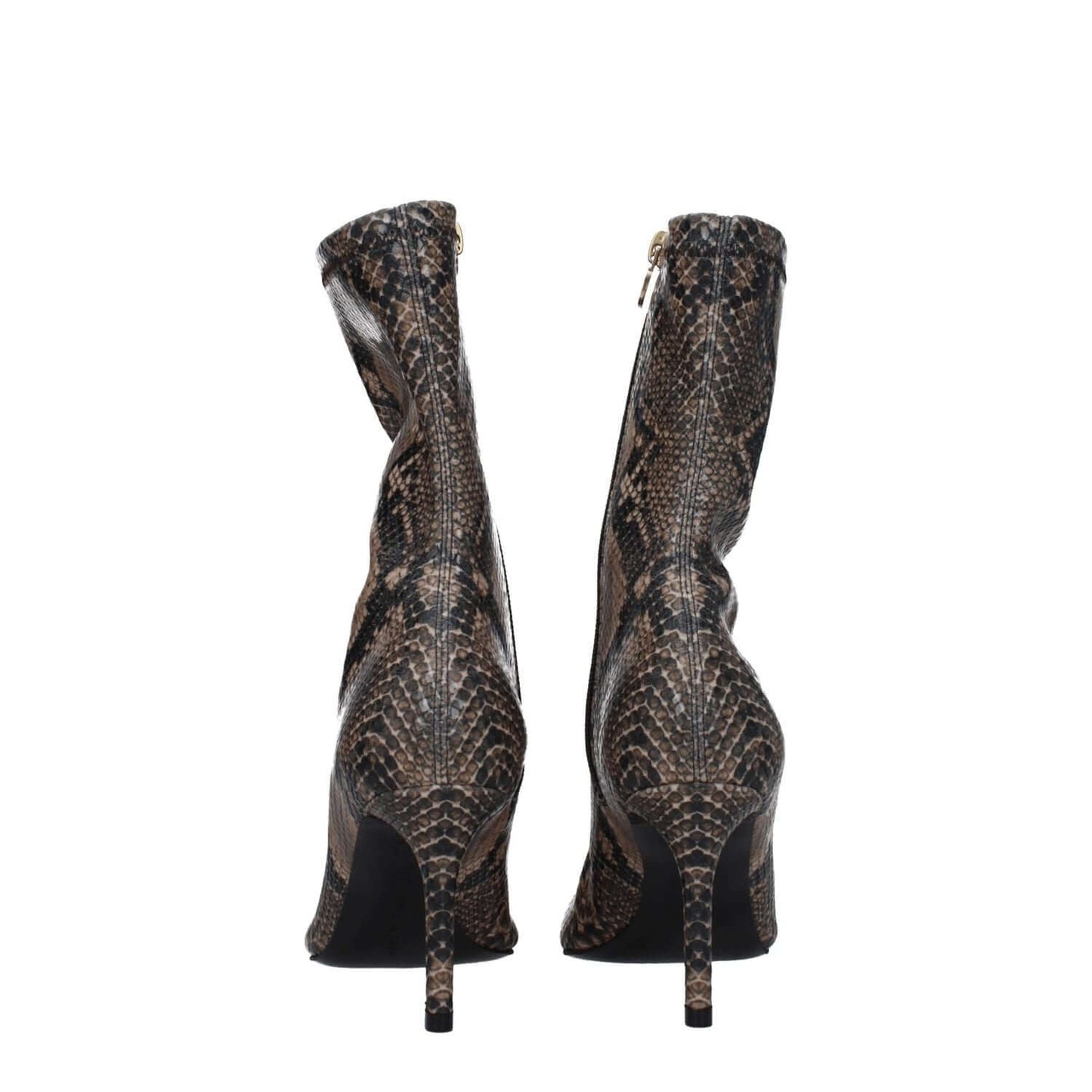 Stella McCartney Brown Leather Ankle Boots with python print, eco leather, mid heels, and zip closure, featuring pointy toe design.