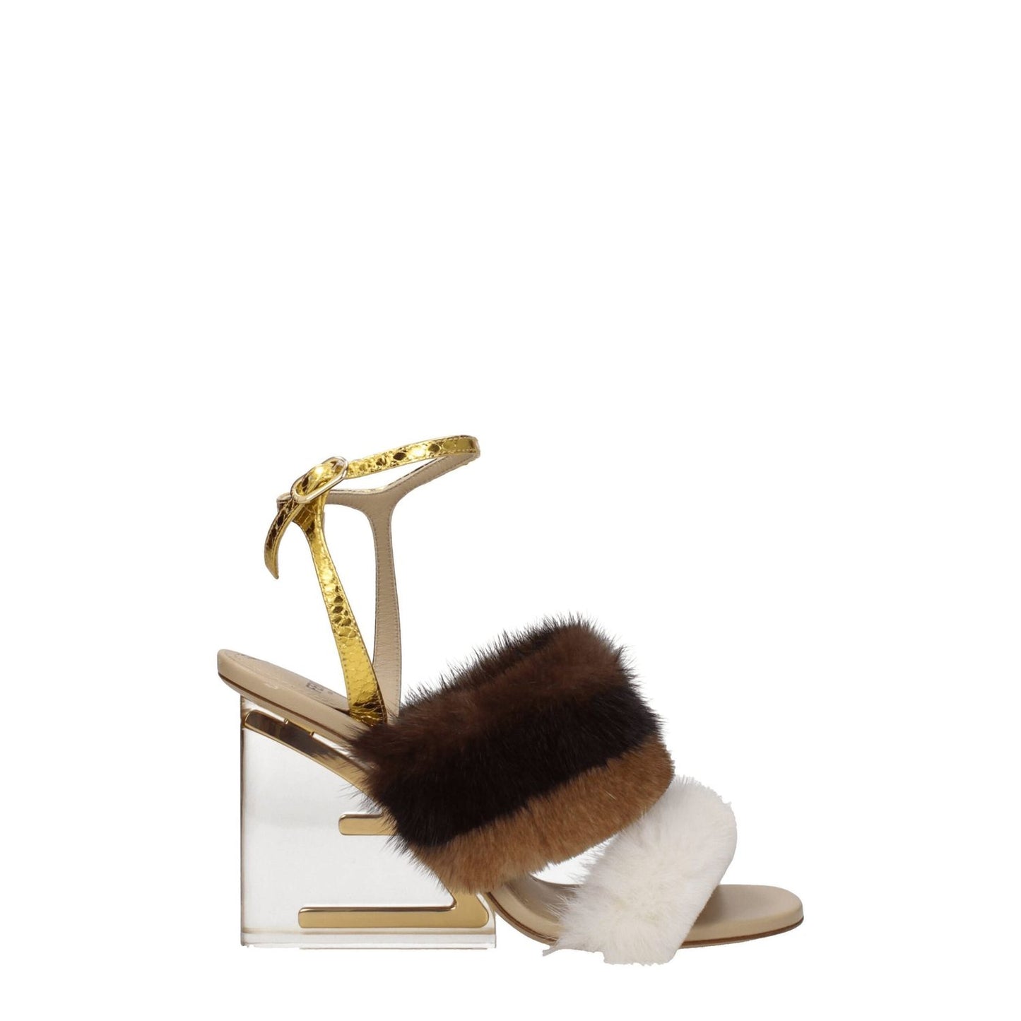 Fendi Brown Mink Strap-On Sandals with high heel and buckle closure, featuring vintage effect and side logo in brown and gold colors.
