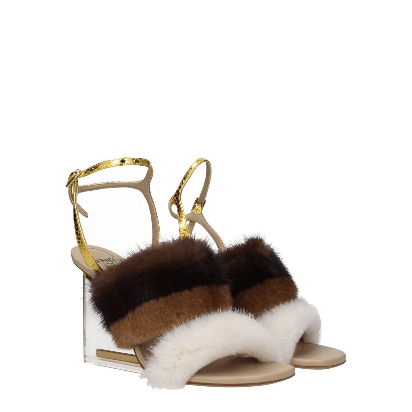 Alt Tag: Fendi Brown Mink Strap-On Sandals with gold buckle closure and open toe, high heel design, featuring a vintage look.