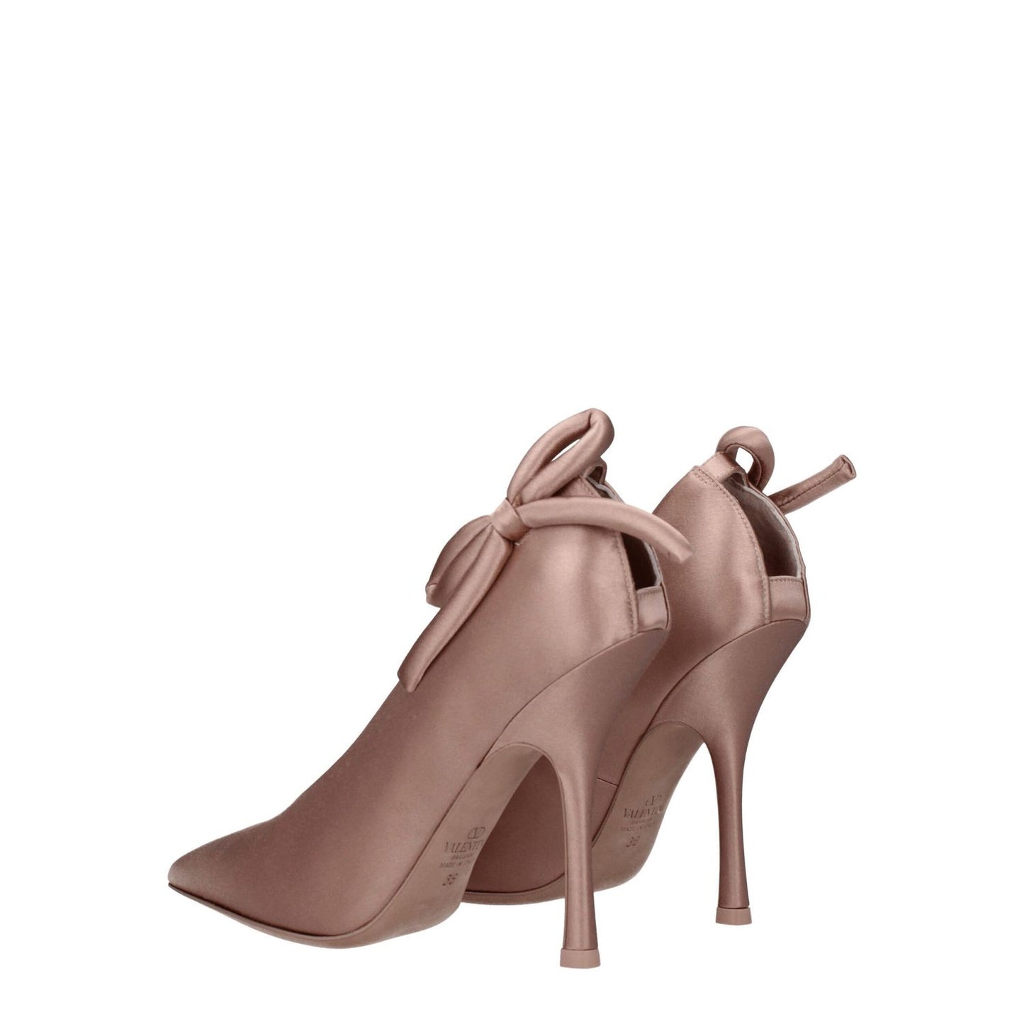 Valentino Garavani Pink Satin High Heel Pumps with pointy toe and side detail, featuring 11 cm leather sole, stylish design.