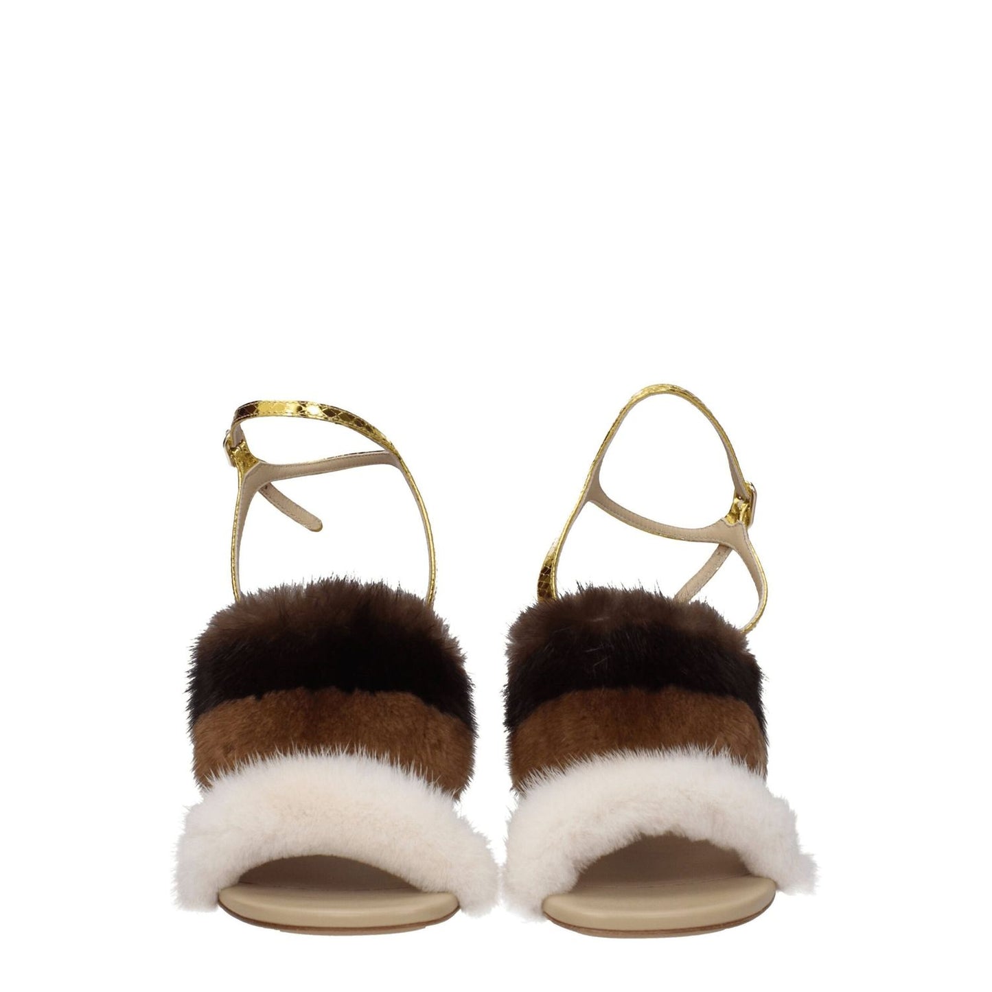 Fendi Brown Mink Strap-On Sandals with vintage effect, open toe, high heel, and side logo; made of mink and snake leather with buckle closure.