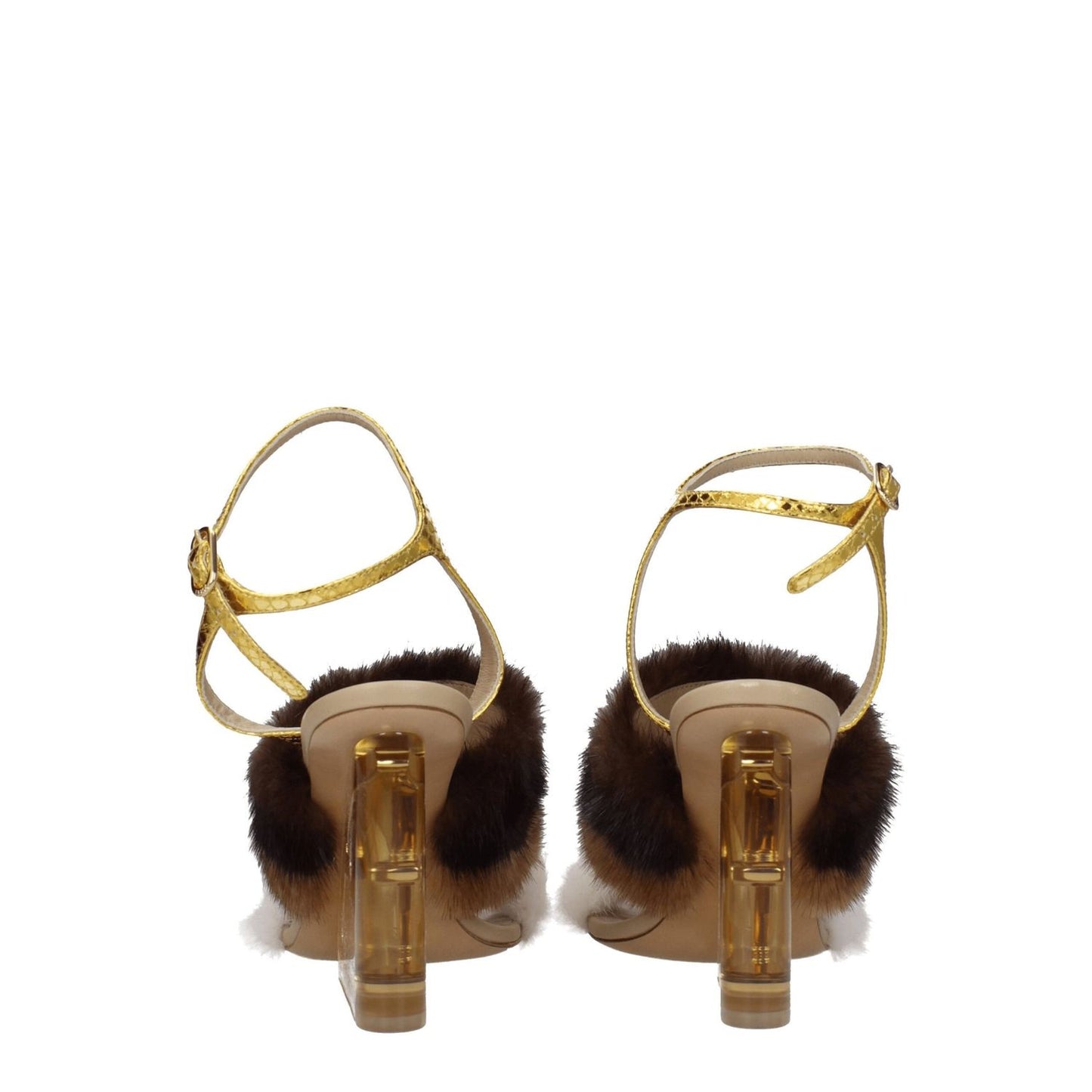 Fendi Brown Mink Strap-On Sandals with high heel, open toe, and buckle closure, vintage effect, side logo detail, rear view.