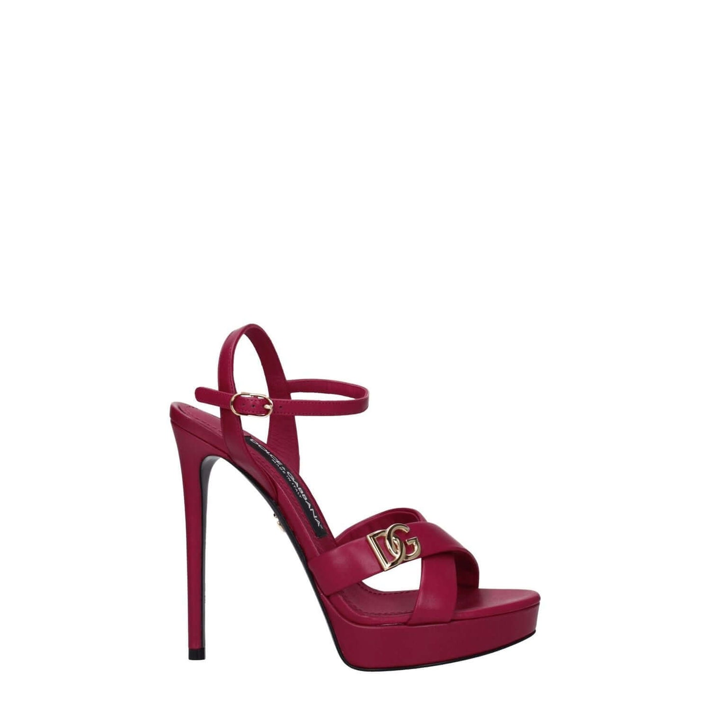 Dolce & Gabbana Pink Leather Platform Sandals with high heels and buckle closure, featuring side logo design.