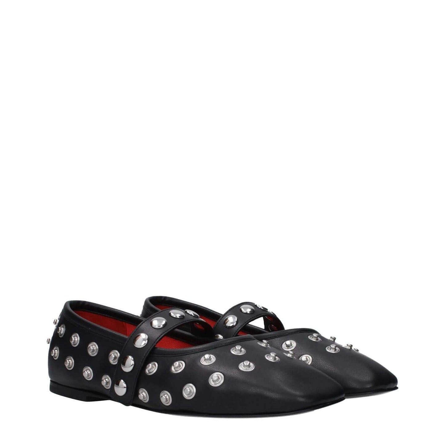 Stella McCartney Black Leather Ballet Flats with silver studs, eco leather, round toe, button closure, punk rock style.
