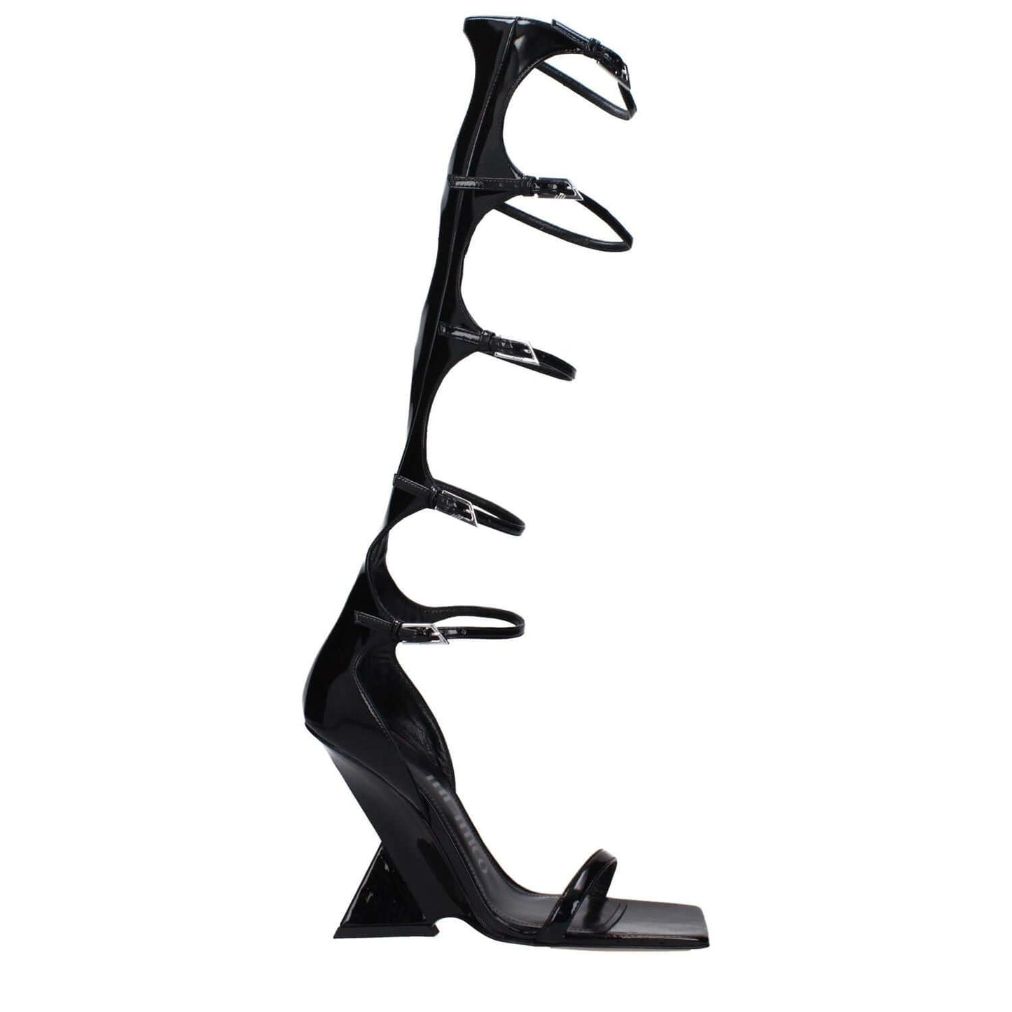 The Attico Black Leather Stiletto Heel Sandals featuring open toe and wedge heel with buckle closure, product code F82918.