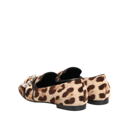Dolce & Gabbana Brown Leopard Print Crystals Loafers Flats Shoes