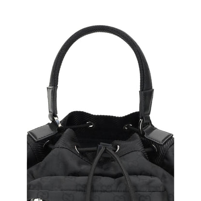 Gucci Black Polyamide Backet Bag with drawstring closure and iconic GG Supreme pattern detail.