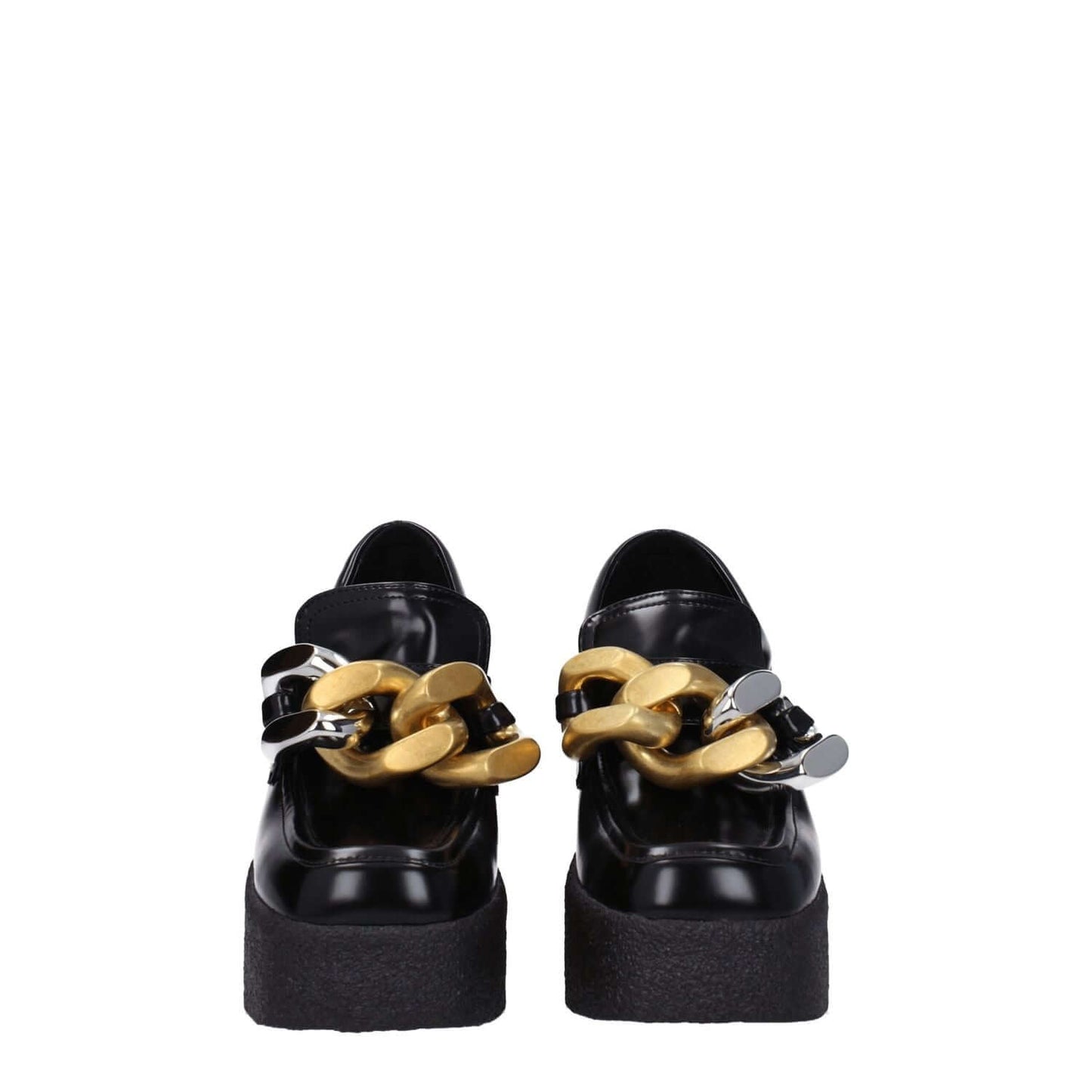 Stella McCartney Black Leather Platform Loafers with vintage effect and gold chain detail, casual eco leather design with rubber sole.