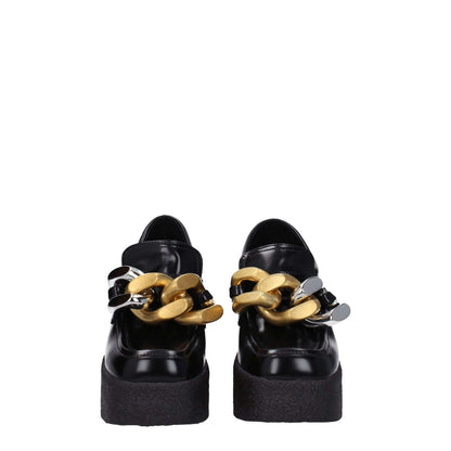 Stella McCartney Black Leather Platform Loafers with vintage effect and gold chain detail, casual eco leather design with rubber sole.