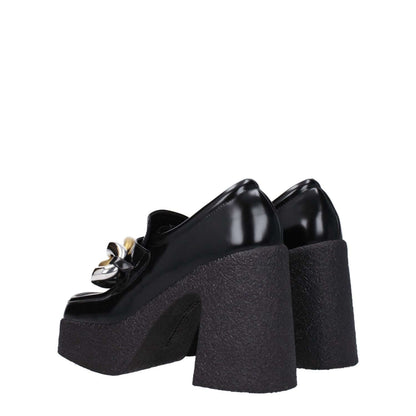 Stella McCartney Black Leather Platform Loafers with square toe and high heel, featuring eco leather and vintage effect design.