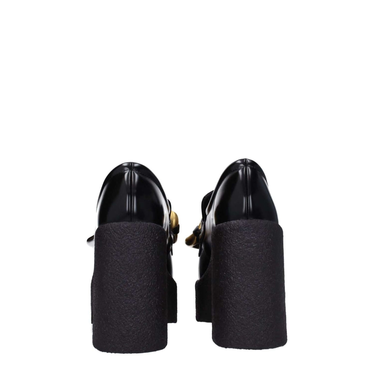 Rear view of Stella McCartney Black Leather Platform Loafers with high heels and rubber sole.