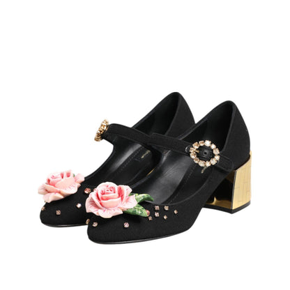 Dolce & Gabbana Black Flower Crystal Embellished Mary Jane Shoes