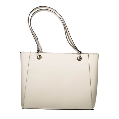 Guess Jeans Beige Polyethylene Handbag with dual handles, external pocket, and zip closure.