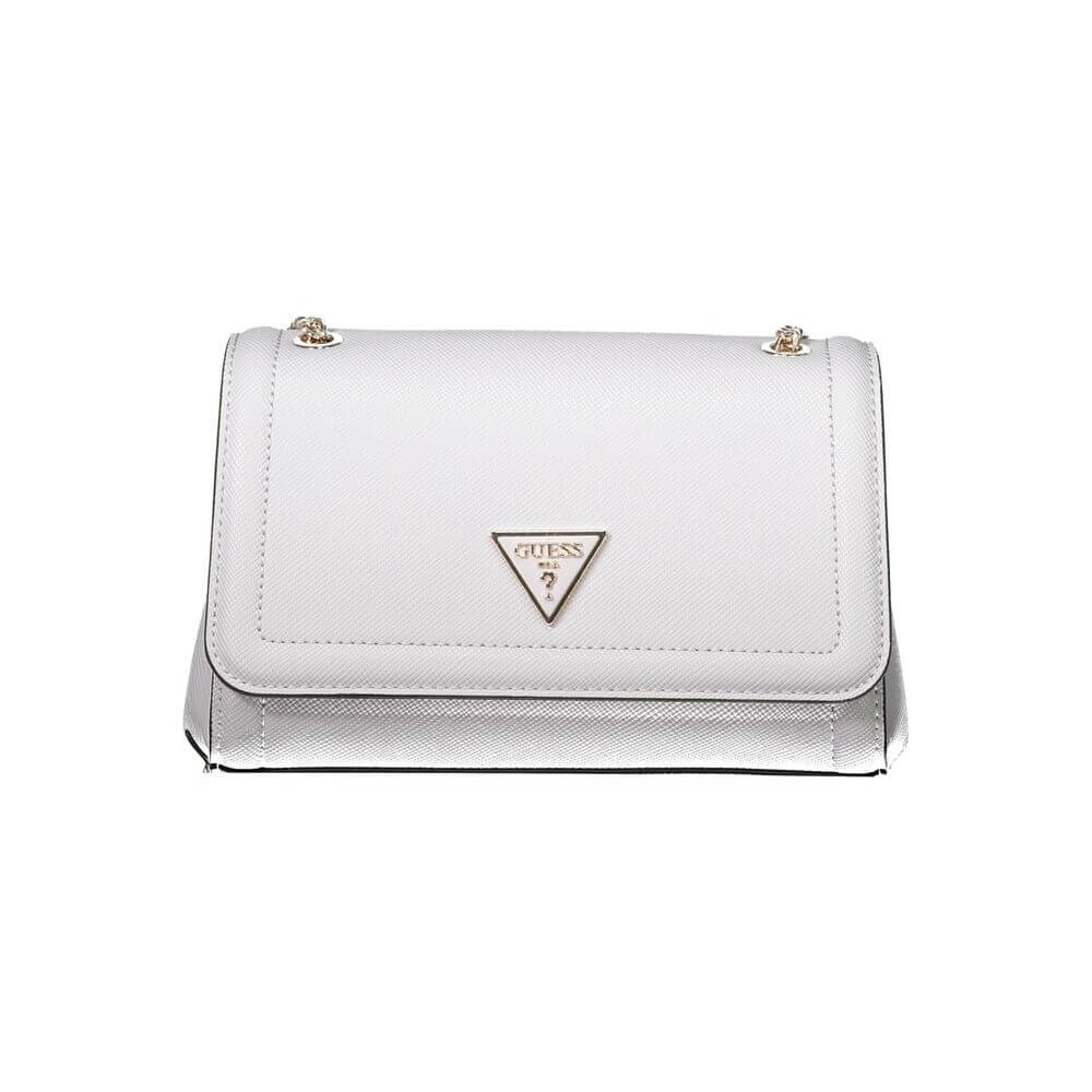 Guess Jeans Gray Polyethylene Handbag with 2 chain shoulder handles, logo detail, and multiple compartments.