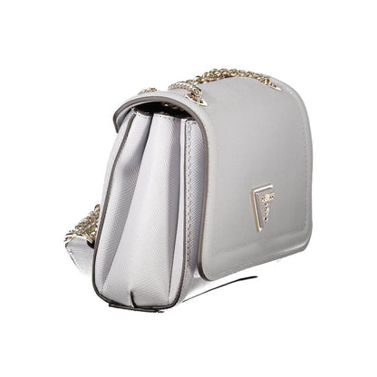 Guess Jeans Gray Polyethylene Handbag featuring two chain shoulder handles, external pocket, and logo detail.