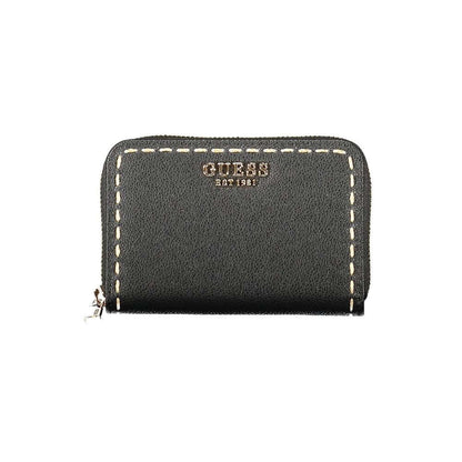 Guess Jeans Black Polyethylene Wallet with zip closure, two compartments, coin purse, double card spaces, and contrasting details.