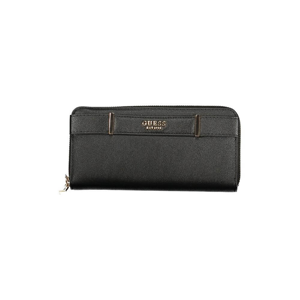 Guess Jeans Black Polyethylene Wallet, sleek design with coin purse, external pocket, compartments, contrasting details, and removable handle.