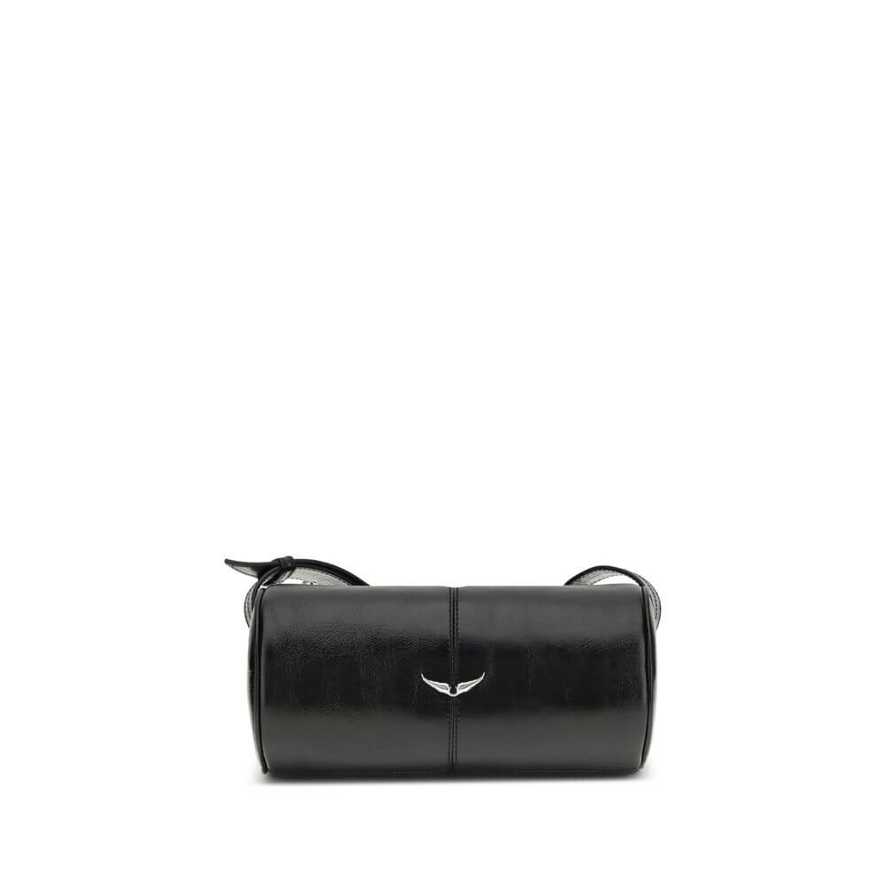 Zadig & Voltaire Black Leather Shoulder Bag with glossy finish, silver details, adjustable strap, and prominent front logo, AW25 collection.