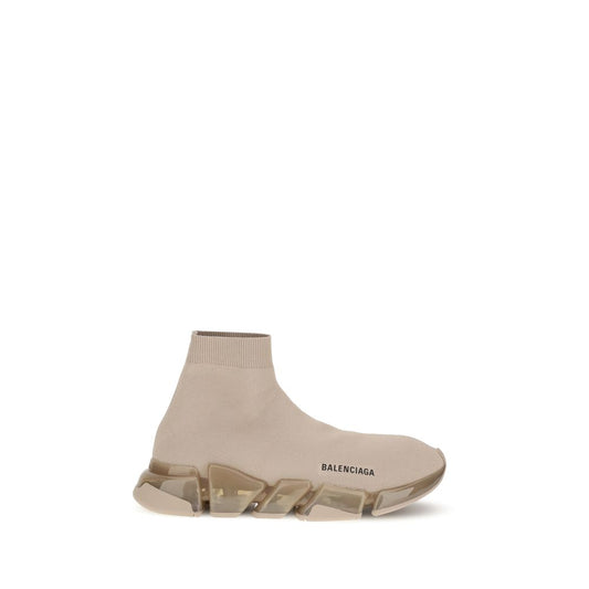Balenciaga Beige Polyester Athletic Sneakers featuring a sock-style design and non-slip textured sole for comfort and stability.