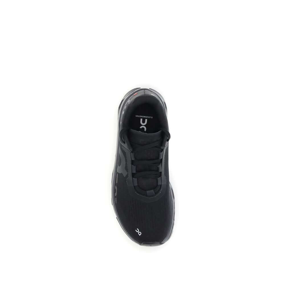 ON Black Polyester Athletic Sneakers top view with lace-up closure and logo detailing, showcasing dynamic design and cushioning sole.