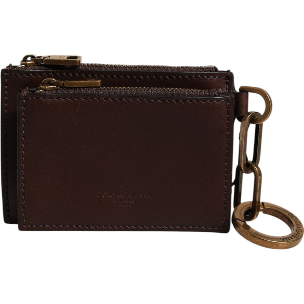 Dolce & Gabbana Brown Calf Leather Zip Logo Keyring Coin Purse Men Wallet SMY11220