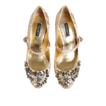 Dolce & Gabbana Gold Jacquard Crystal Mary Janes Pumps Shoes