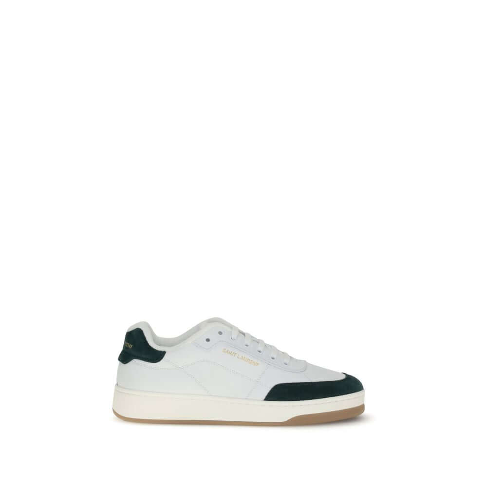 Saint Laurent White Calf Leather Bos Taurus Low Top Sneakers with suede panel and logos, flat sole, lace-up closure, AW25.